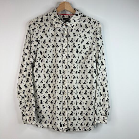 Talbots French Bull Dog Blouse Small Black White Cotton Novelty Print Button Top - Picture 2 of 12